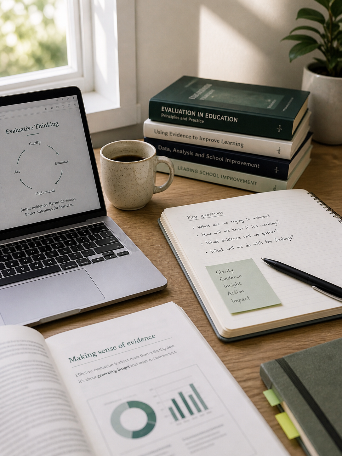 Study desk with an open laptop displaying a diagram on evaluative thinking, a cup of coffee, a stack of five books on education and school improvement, an open notebook with handwritten questions, a pen, and a printed report on making sense of evidence, by a window with greenery outside.