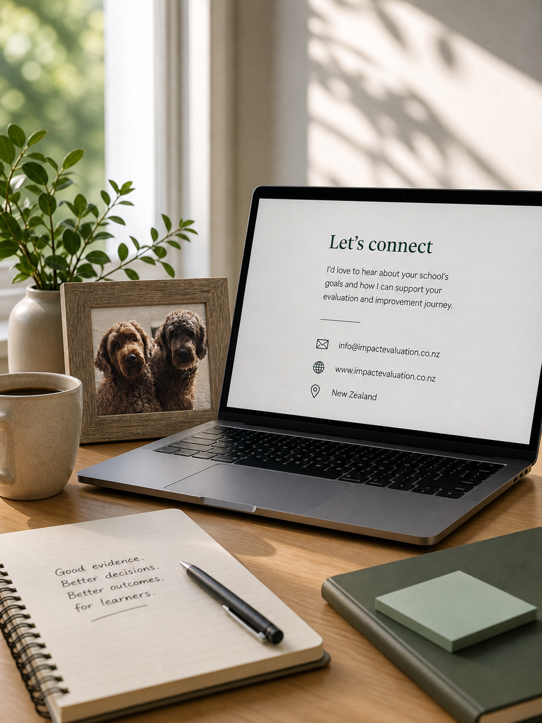 A workspace with a laptop displaying a contact information page, a framed photo of two dogs, a potted plant, a mug of coffee, a notebook with handwritten notes, a pen, and a closed notebook, all on a wooden desk near a window with sunlight.