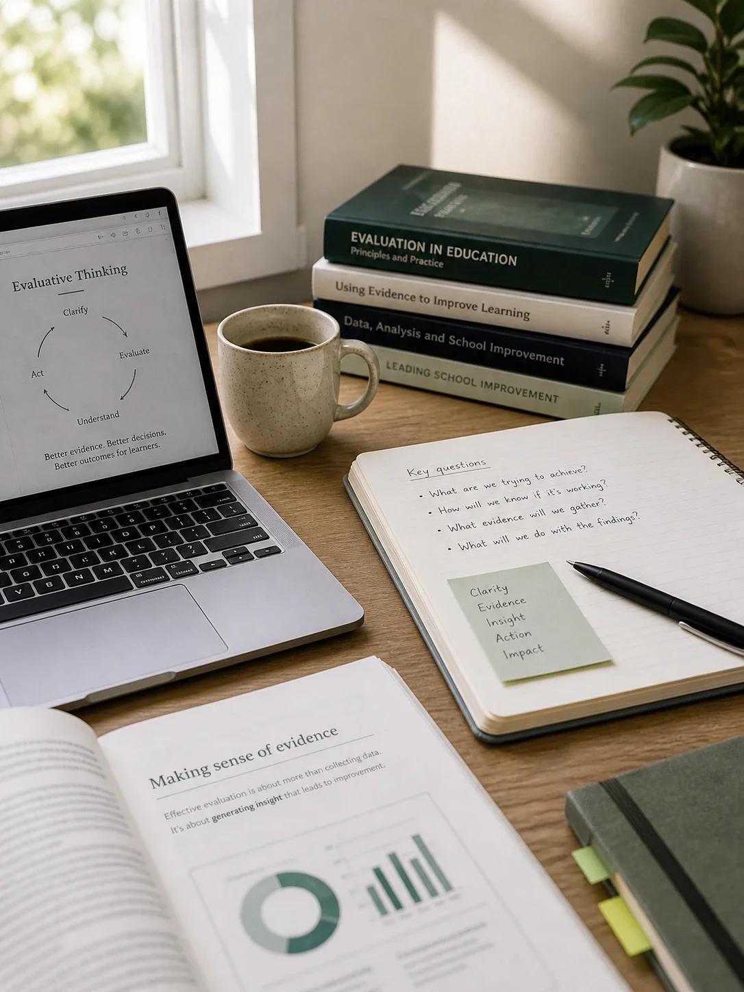 A workspace with a laptop displaying a diagram of evaluative thinking, a notebook with handwritten notes on key questions, a document titled 'Making sense of evidence', a cup of coffee, a stack of books on education and school improvement, and a potted plant near a window.