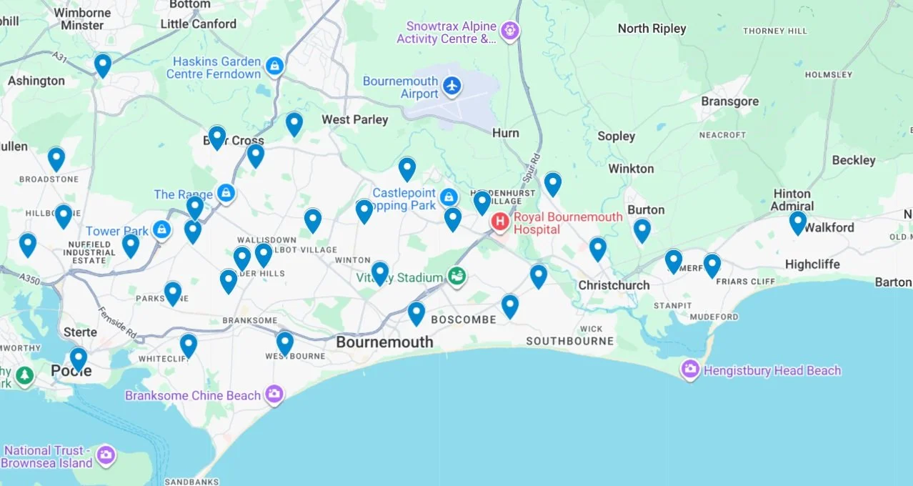 Map of Bournemouth, England, highlighting locations within Reignite Learning works