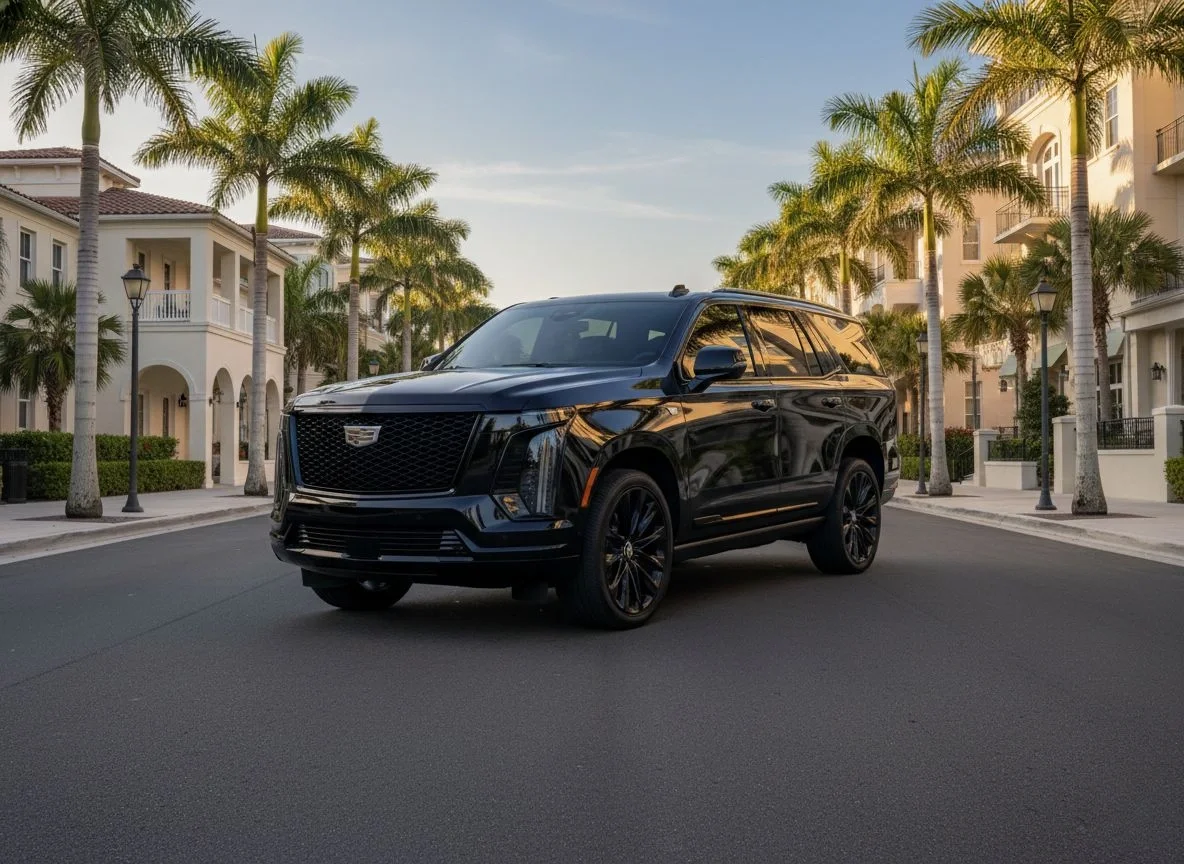 Sarasota Motor Club - Art Ovation car service sarasota - A black Cadillac SUV parked on a palm tree-lined street in a residential neighborhood during sunset.