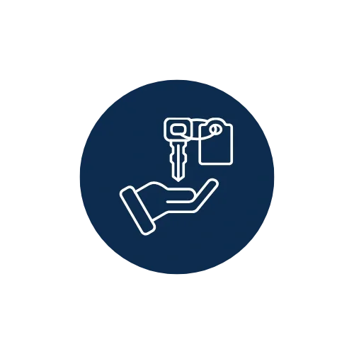 Icon of a hand holding a set of keys and a key tag, enclosed in a blue circle.