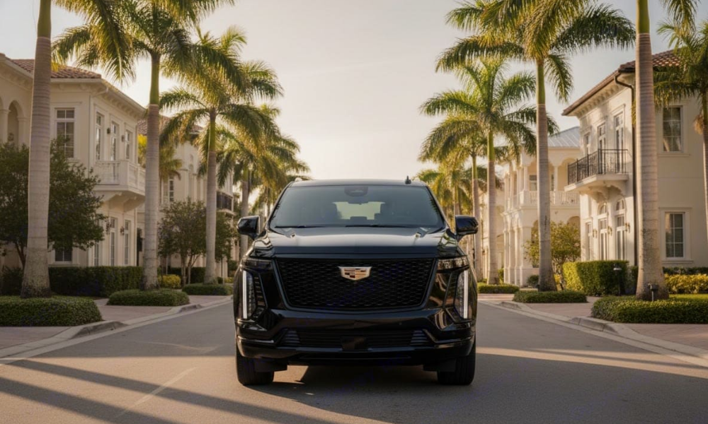Black Cadillac SUV parked on a palm tree-lined residential street with white houses, during sunset.