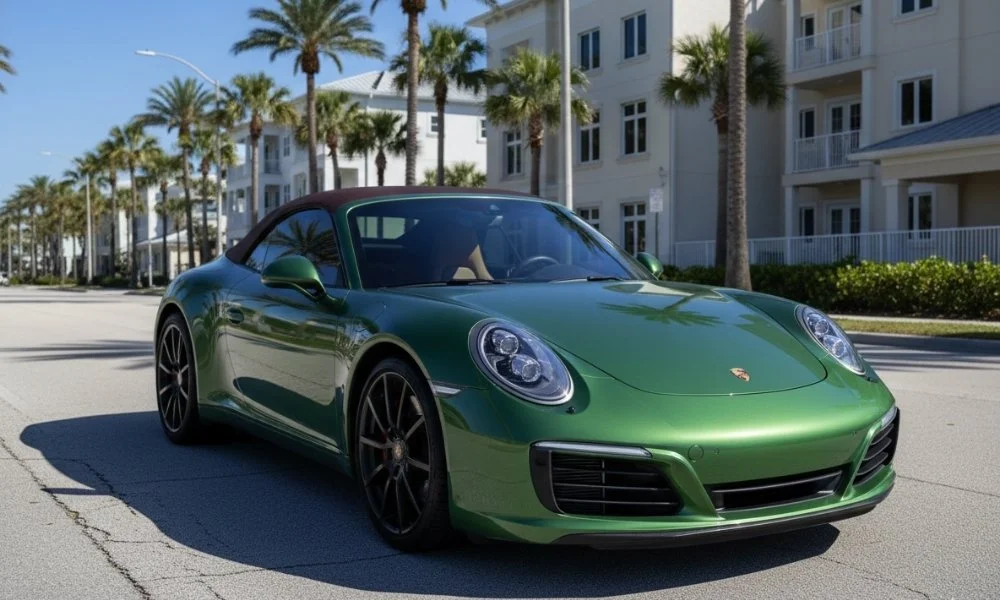 A green Porsche convertible car parked on a street with palm trees and a white apartment building in the background on a sunny day.