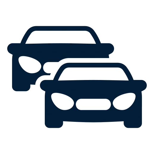 Icon of two dark blue cars, one behind the other, on a black background.