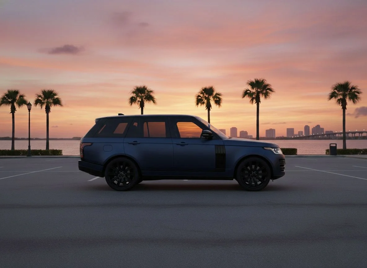 Sarasota Motor Club - luxury SUV rental Sarasota - Range Rover driving along Sarasota waterfront at sunset for Black Membership tier