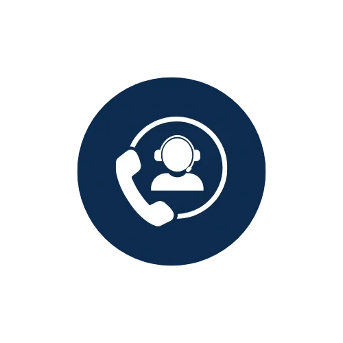 Icon of a customer support representative wearing a headset with a microphone, inside a blue circle.