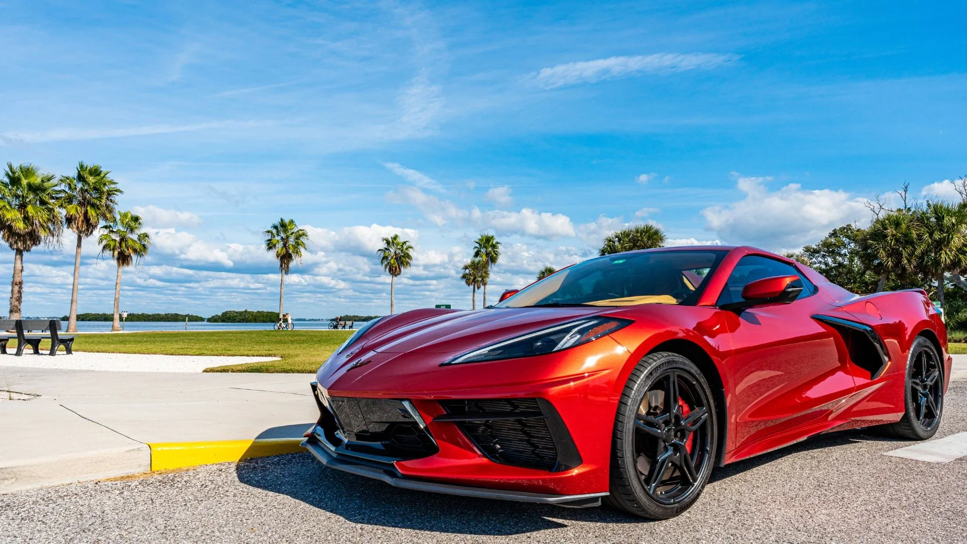 Red sports car parked near a waterfront with palm trees and blue sky in the background.
