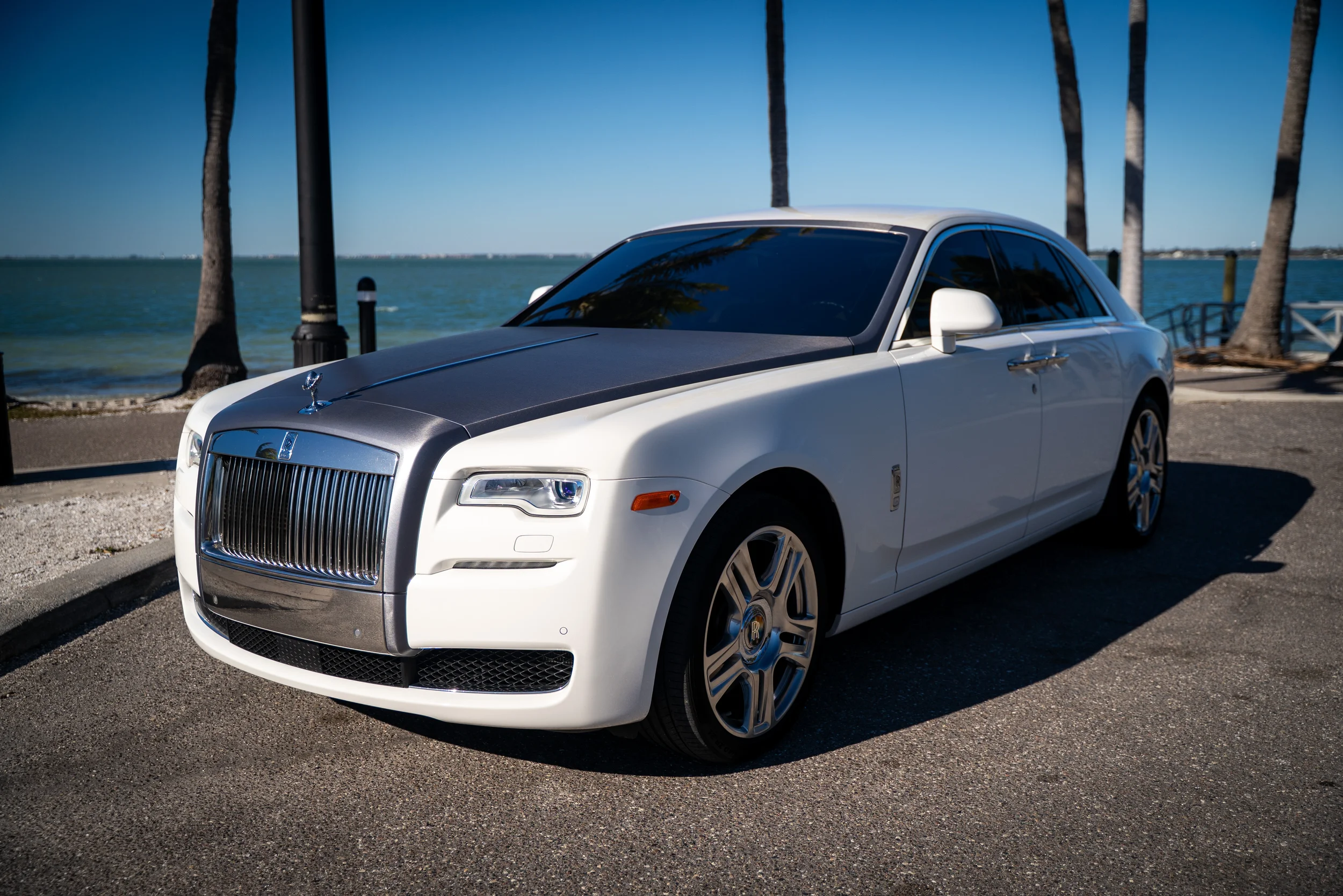 A white luxury Rolls-Royce car parked near a waterfront with palm trees and a blue sky in background.