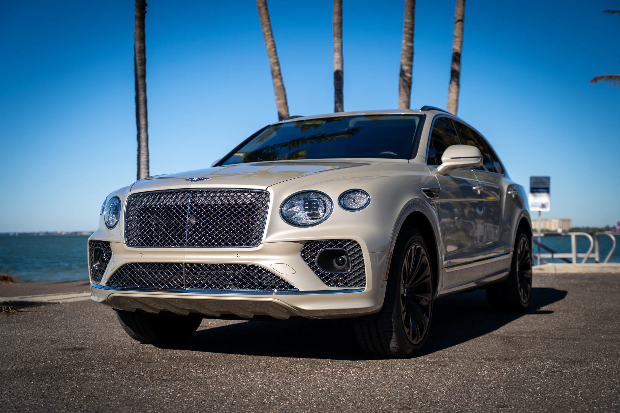 A cream-colored luxury SUV parked near the water with palm trees in the background on a sunny day.