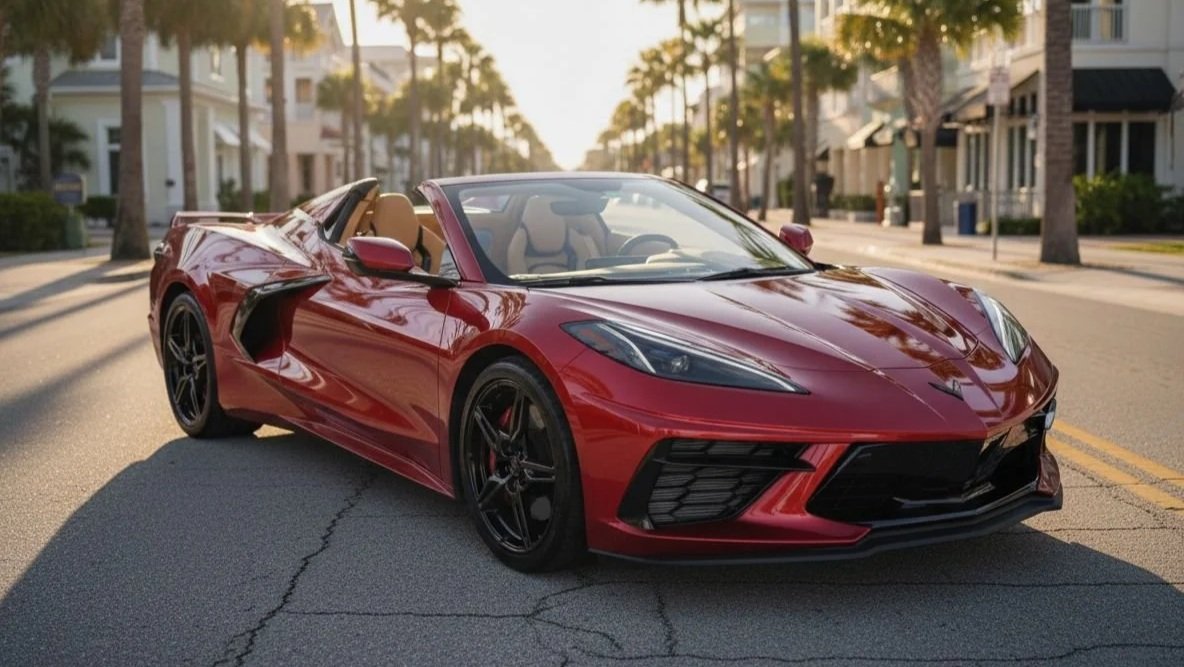 Red convertible sports car parked on city street with residential buildings and palm trees in the background.