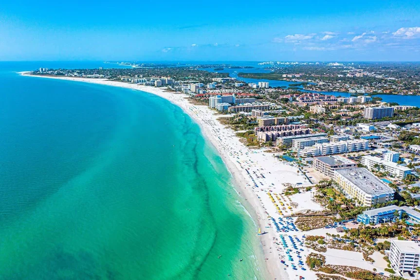Sarasota Motor Club - Premium Car Service Sarasota - Aerial view of a sunny beach with turquoise water, white sand, and high-rise hotels and buildings along the shoreline.