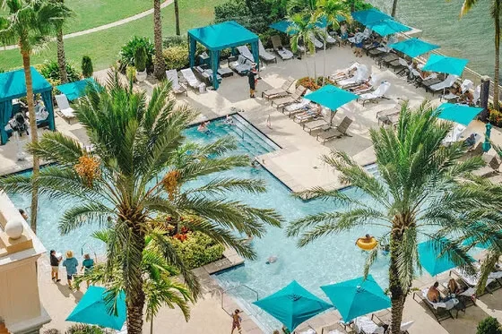 Sarasota Motor Club - Ritz Carlton exotic car rental - A tropical hotel pool area with palm trees, lounge chairs with umbrellas, and cabanas. People are swimming and relaxing on chairs.