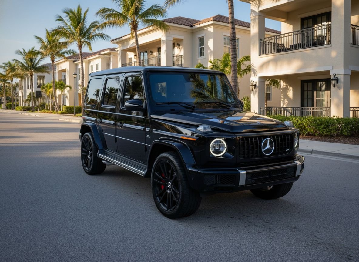 Sarasota Motor Club - Ritz Carlton exotic car rental - A black Mercedes-Benz G-Class SUV parked on a residential street with palm trees and modern apartment buildings in the background.