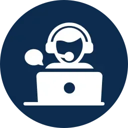 Icon of a customer service representative with headphones using a laptop.