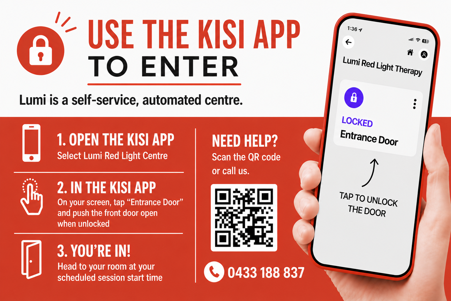 Kisi app entry instructions for Lumi Red Light Therapy Cottesloe studio