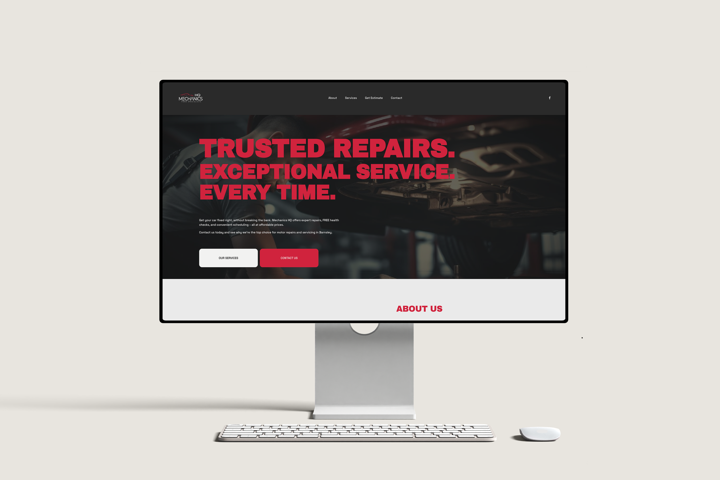 Computer screen displaying a website for a car repair service with the headline 'Trusted Repairs. Exceptional Service. Every Time.'