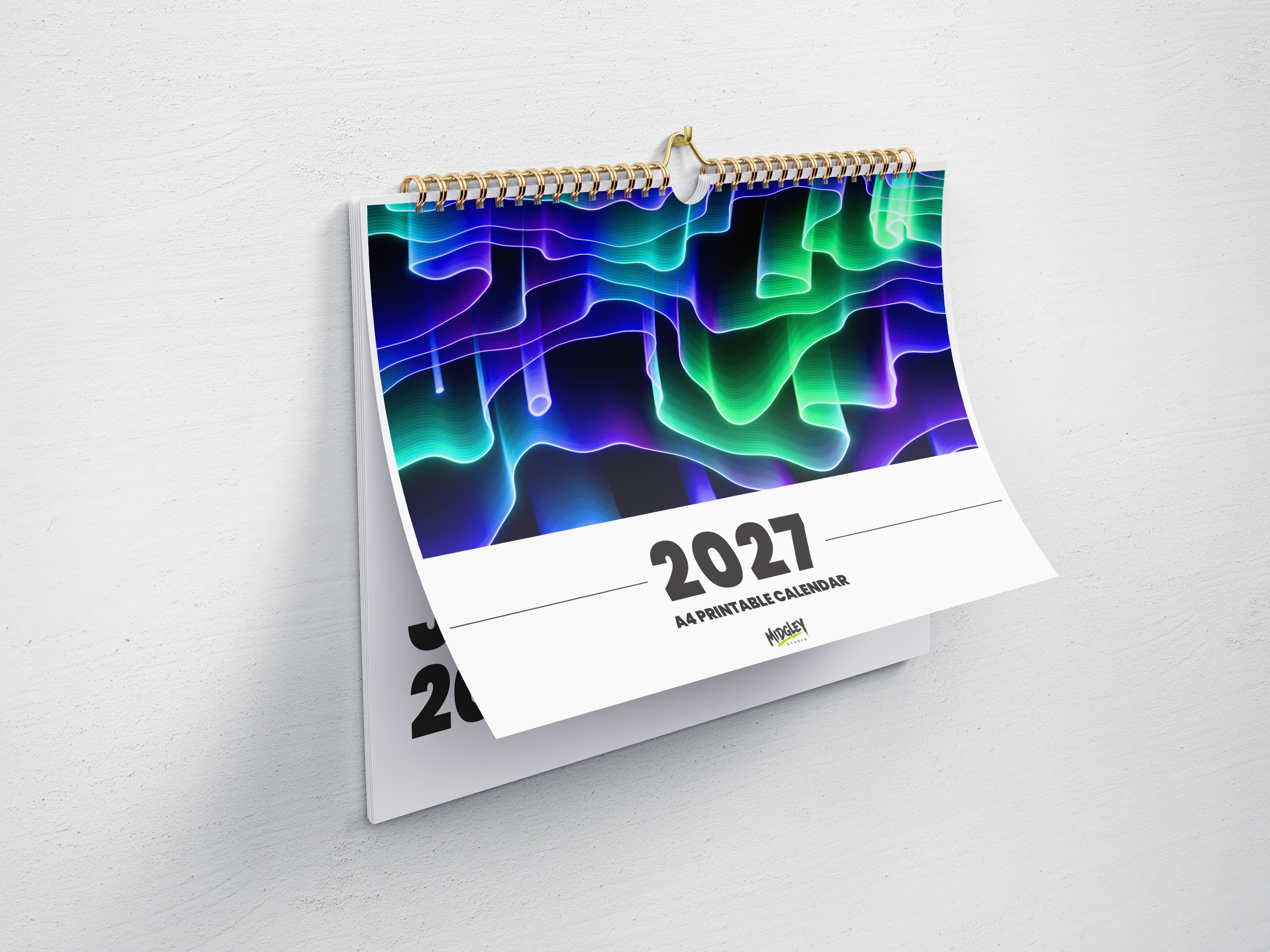 A 2027 calendar with a digital neon wave design on the page, hanging on a white wall.