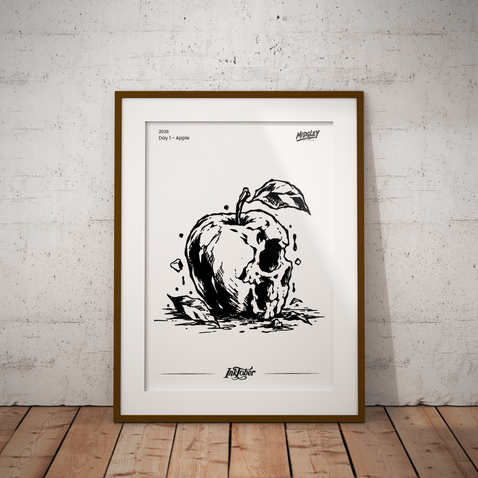 Inktober 2026 Art Print – Day 01 - Apple | Black & White Illustration Poster