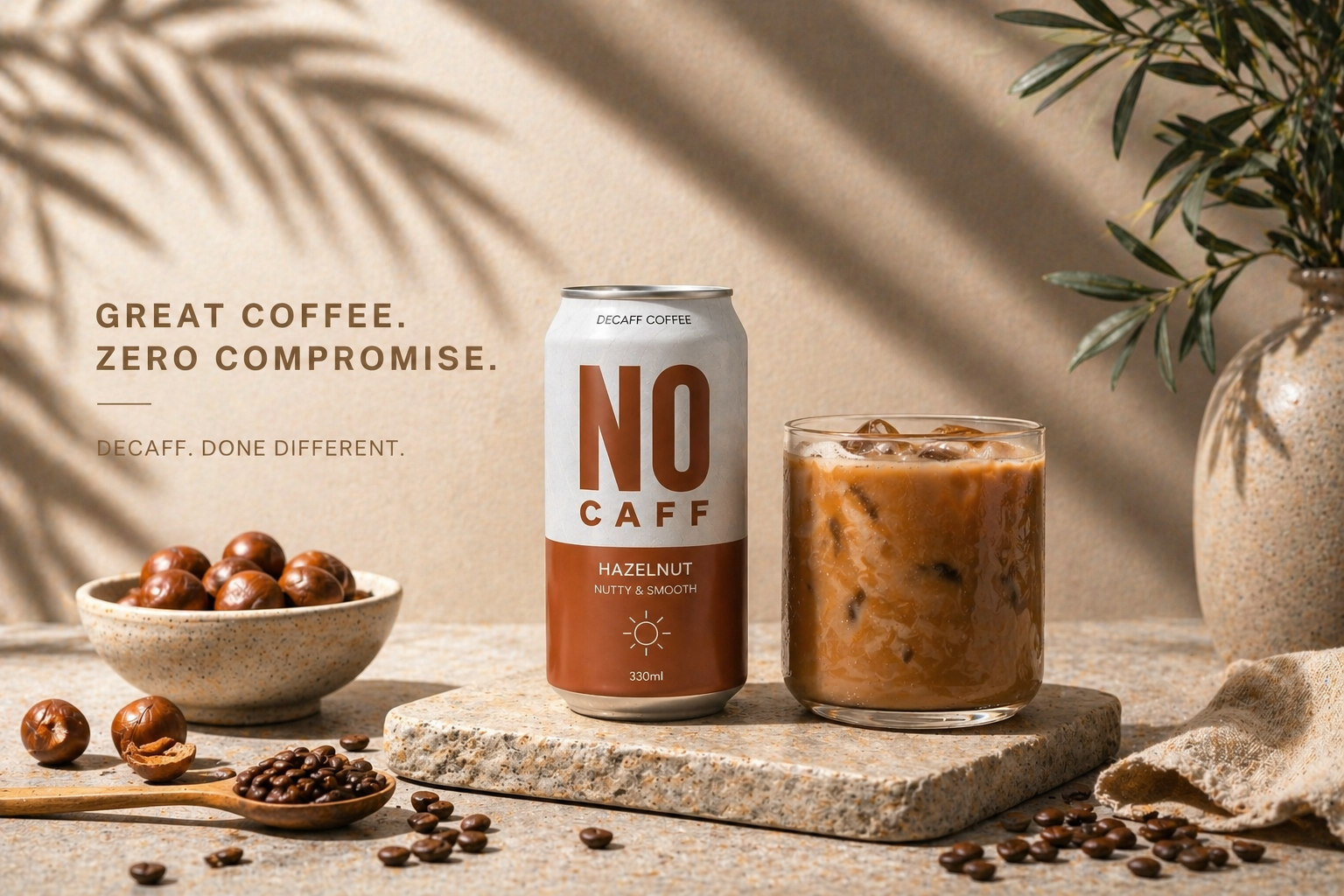 A can of Decaff Coffee Hazelnut flavor and a glass of iced coffee on a stone surface. There are hazelnuts, coffee beans, and a potted plant with green leaves in the background on a neutral-toned setting.