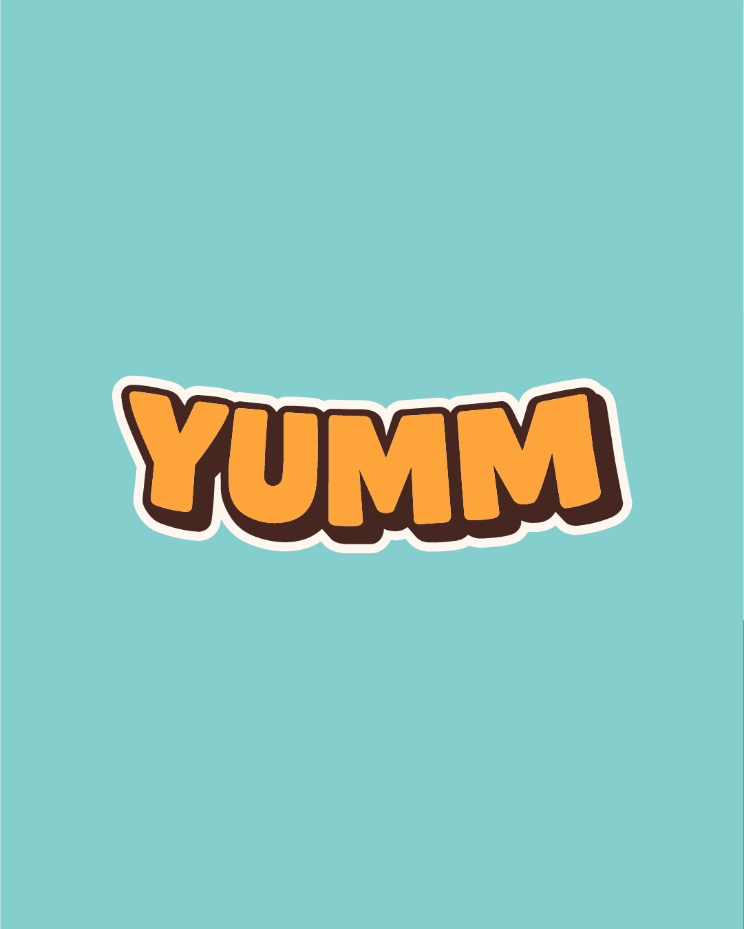 Graphic with the word 'YUMMI' in bold, orange, cartoon-style letters outlined in black and white, set against a light blue background.