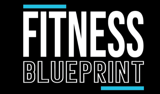 Text that says 'Fitness Blueprint' with blue lines above and below the text on a black background.