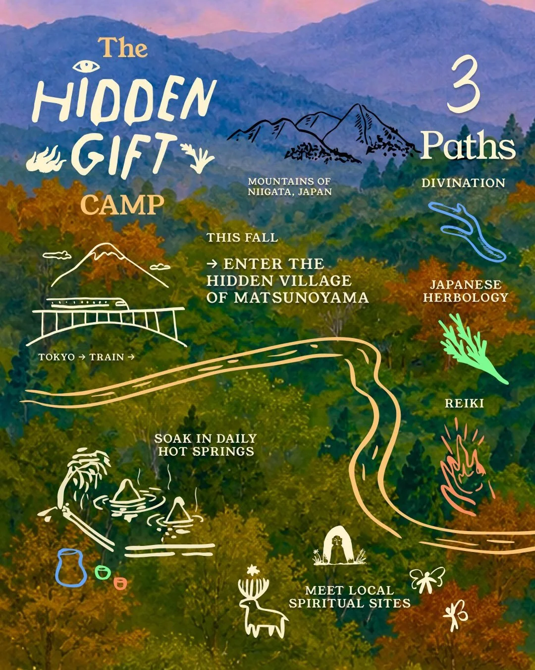This October, enter a hidden magic village in the mountains of Japan 👹🏔️🌳
From October 21&ndash;27, Hidden Gift Camp is a seven-day journey into the spiritual training ground your inner child has always dreamed of &mdash; an open level space to ex