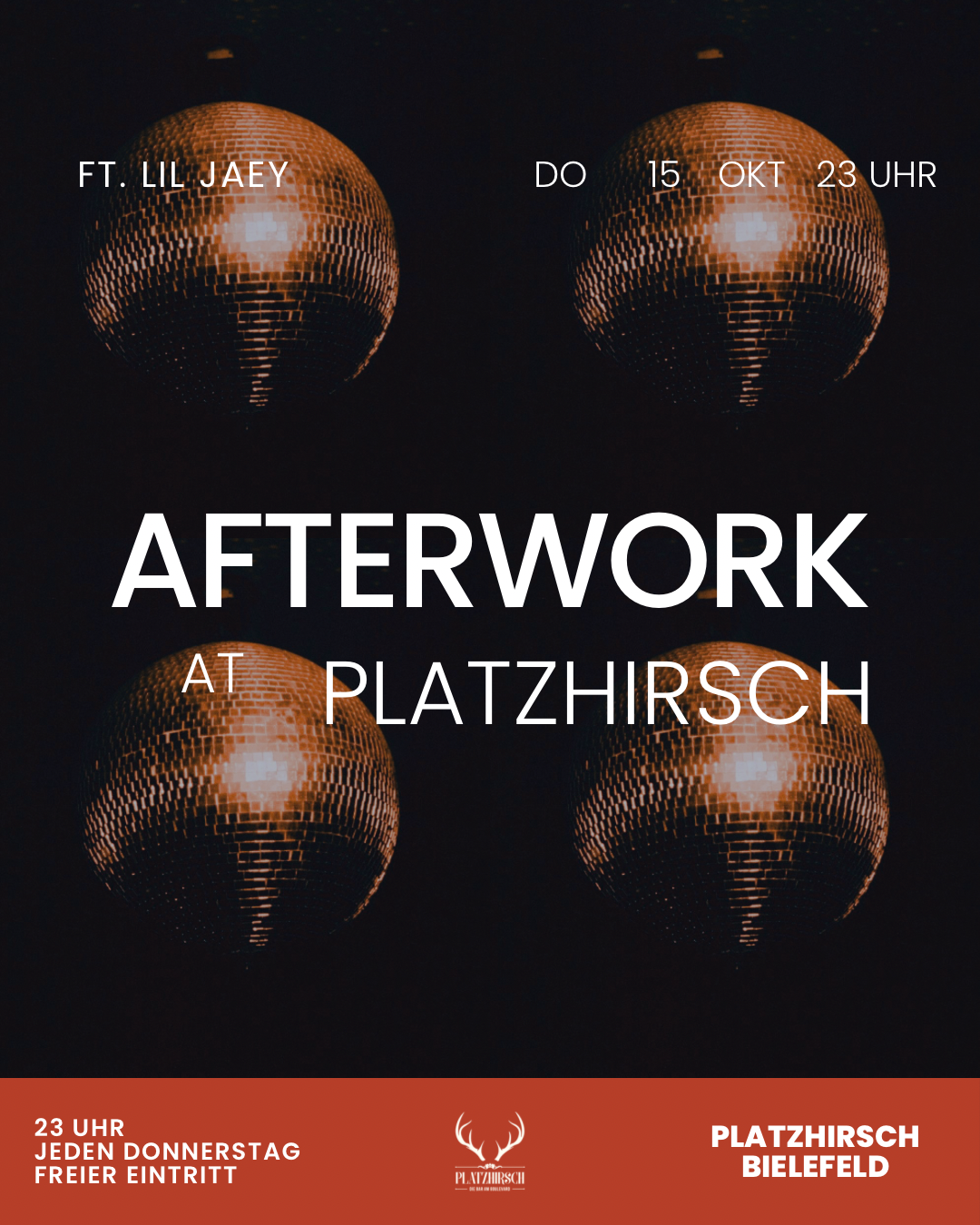 Event poster with neon-style text announcing afterwork dinner night starting at 8 pm on April 2nd at Platzhirsch Bielefeld, featuring geometric arrow designs.