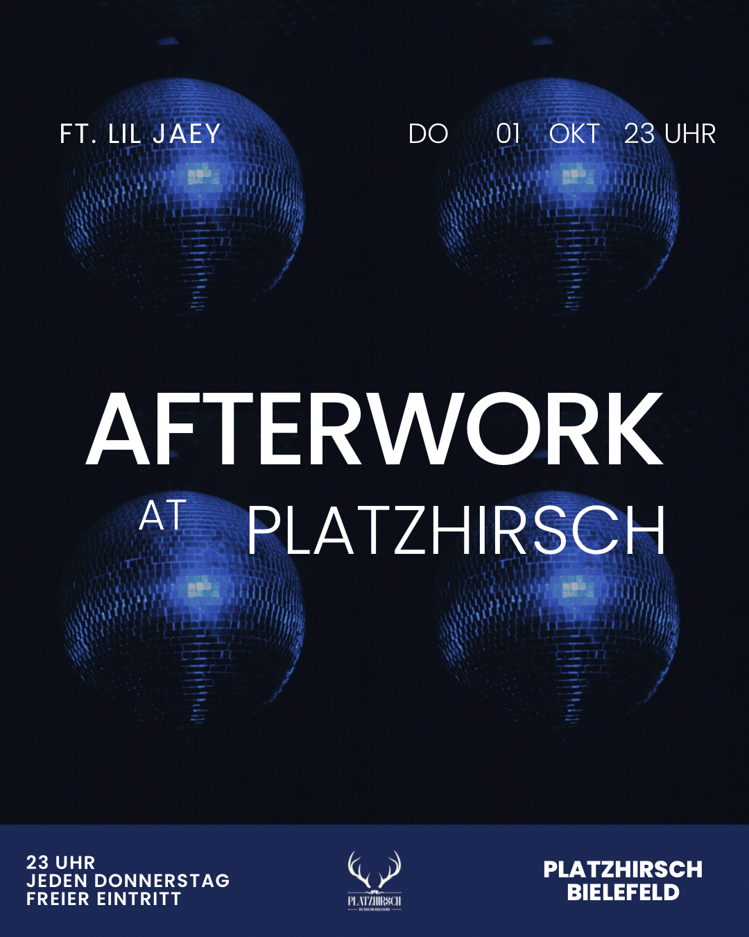 Event poster with neon-style text announcing afterwork dinner night starting at 8 pm on April 2nd at Platzhirsch Bielefeld, featuring geometric arrow designs.
