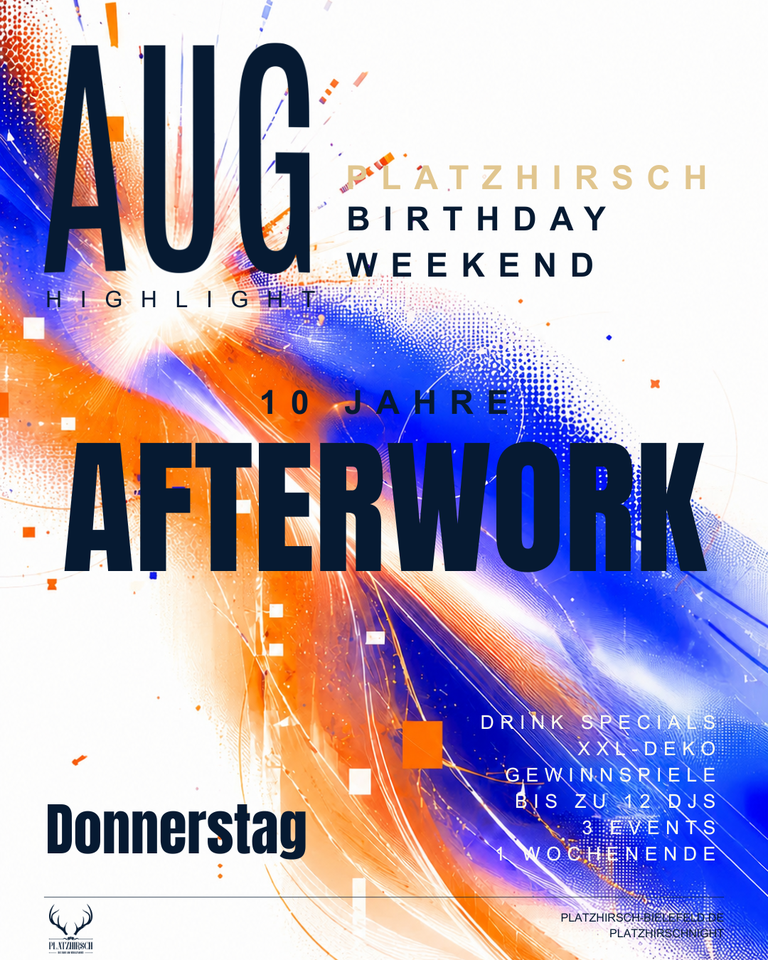 Event poster with neon-style text announcing afterwork dinner night starting at 8 pm on April 2nd at Platzhirsch Bielefeld, featuring geometric arrow designs.