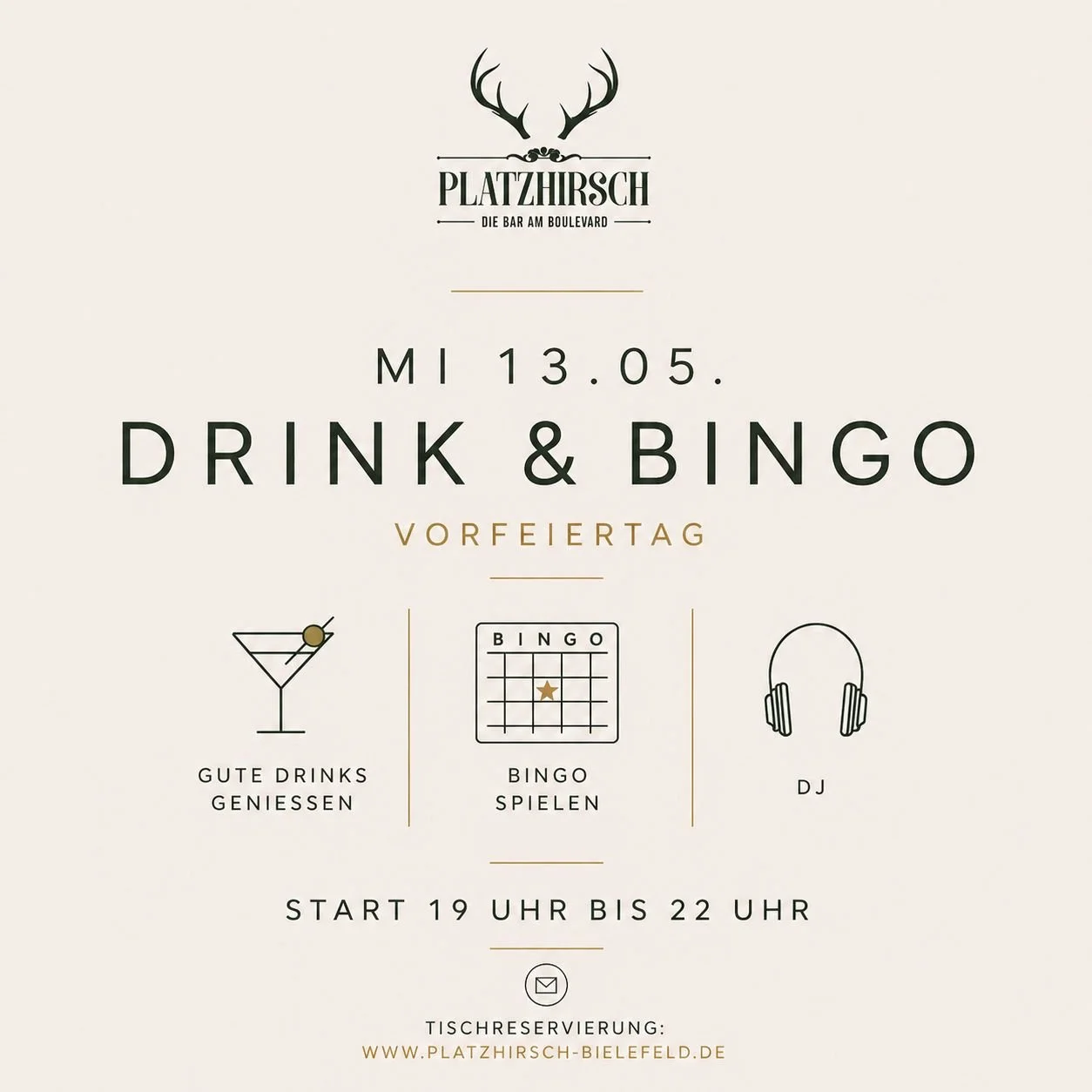 Event poster for a drink and bingo night at Platzhirsch bar, occurring on May 13th from 7 PM to 10 PM. Features icons for drinks, bingo, and a DJ, with text in German, including reservations website.
