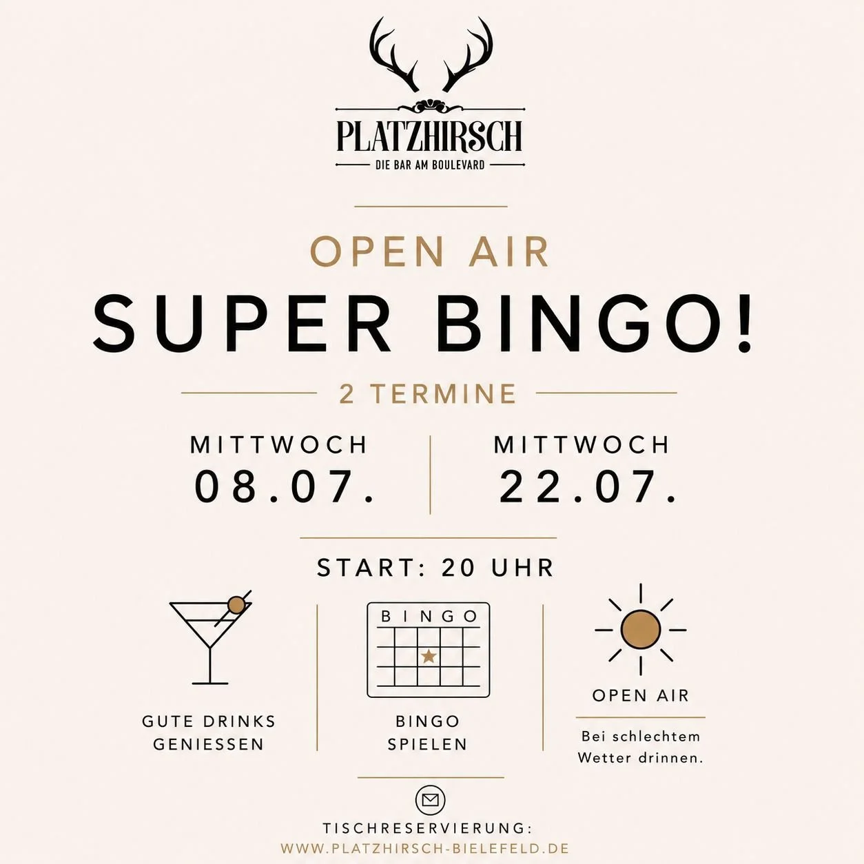 Event poster for a drink and bingo night at Platzhirsch bar, occurring on May 13th from 7 PM to 10 PM. Features icons for drinks, bingo, and a DJ, with text in German, including reservations website.