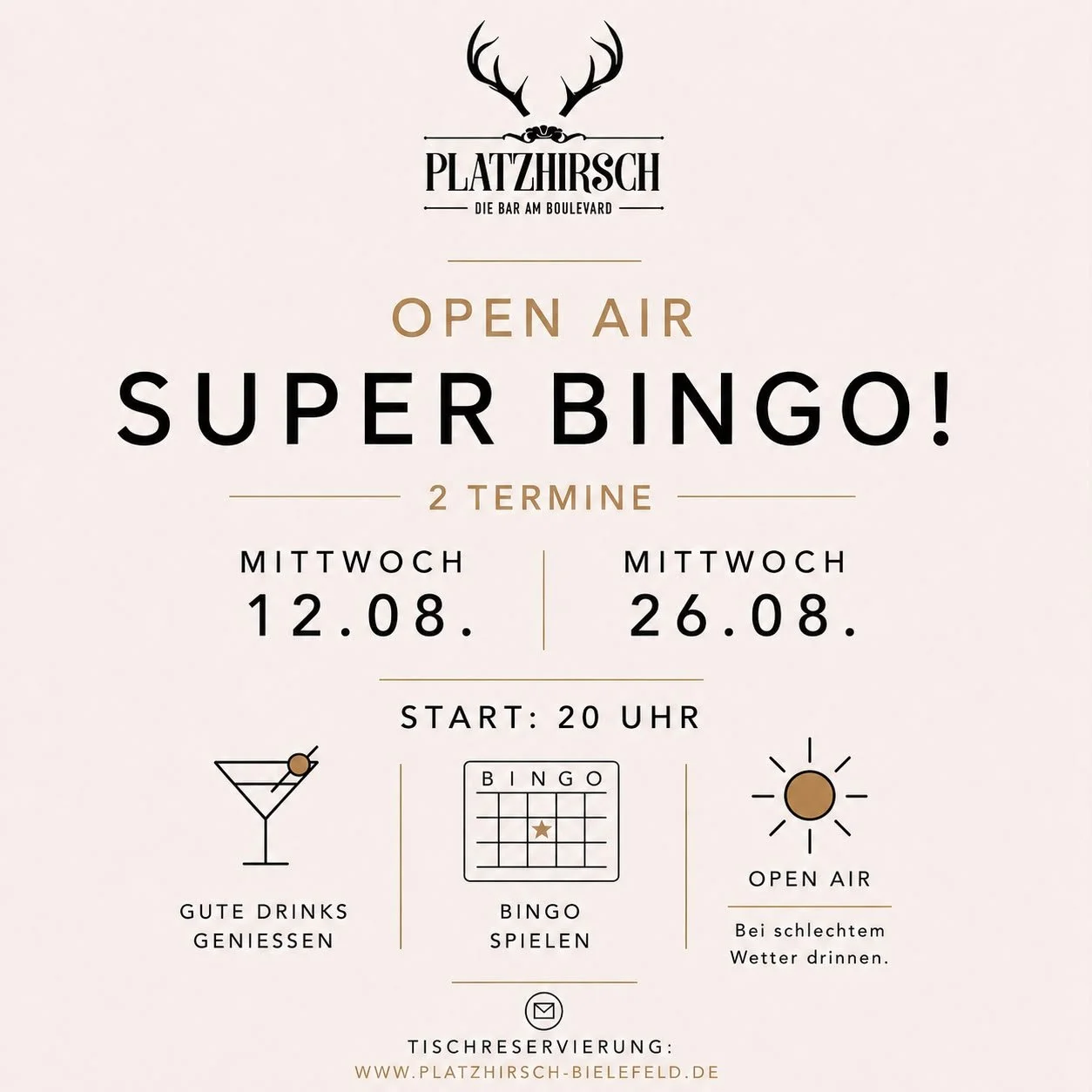 Event poster for a drink and bingo night at Platzhirsch bar, occurring on May 13th from 7 PM to 10 PM. Features icons for drinks, bingo, and a DJ, with text in German, including reservations website.