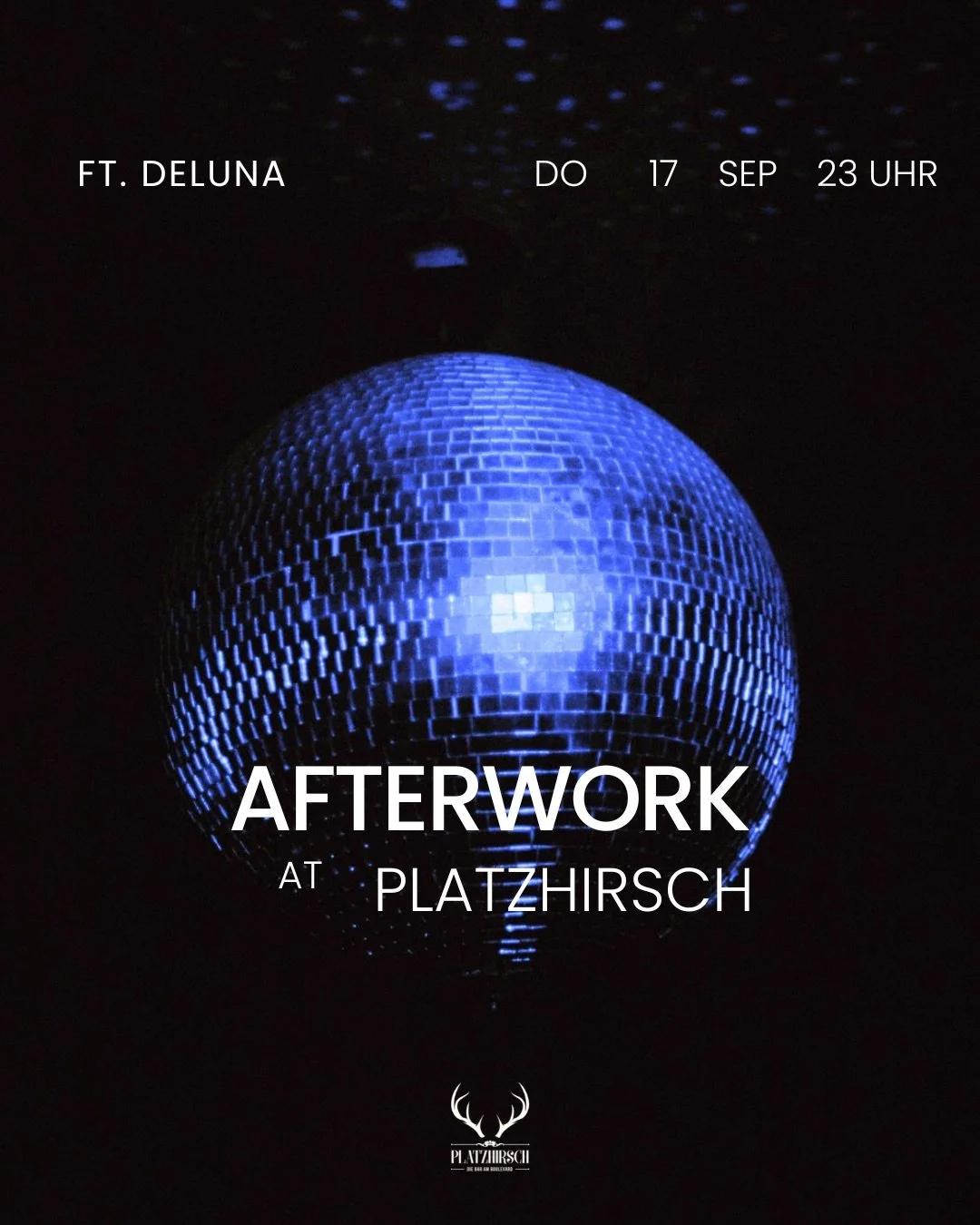 Event poster with neon-style text announcing afterwork dinner night starting at 8 pm on April 2nd at Platzhirsch Bielefeld, featuring geometric arrow designs.