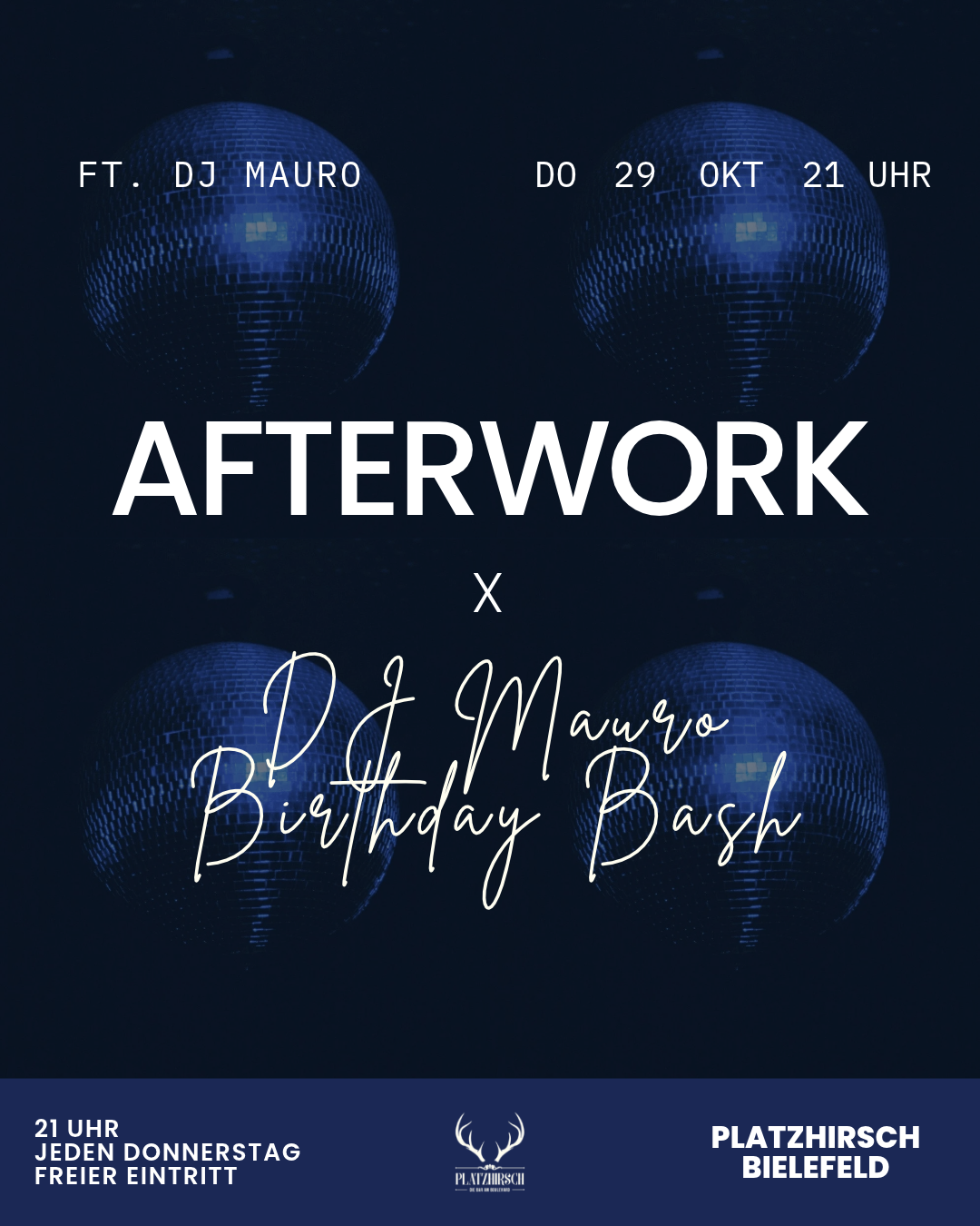 Event poster with neon-style text announcing afterwork dinner night starting at 8 pm on April 2nd at Platzhirsch Bielefeld, featuring geometric arrow designs.
