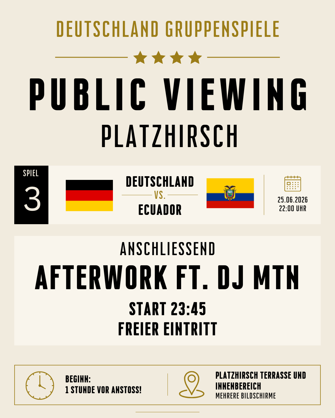 Event poster with neon-style text announcing afterwork dinner night starting at 8 pm on April 2nd at Platzhirsch Bielefeld, featuring geometric arrow designs.
