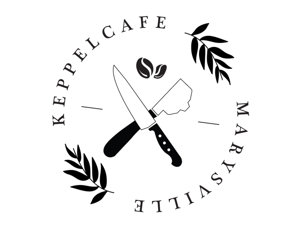 Logo for a coffee and Marz palette shop featuring a chef's knife and a cheese slicer crossed, surrounded by leaves, with the text "KEPELE CAFE" and "MARZPASTILLE" in a circular arrangement.