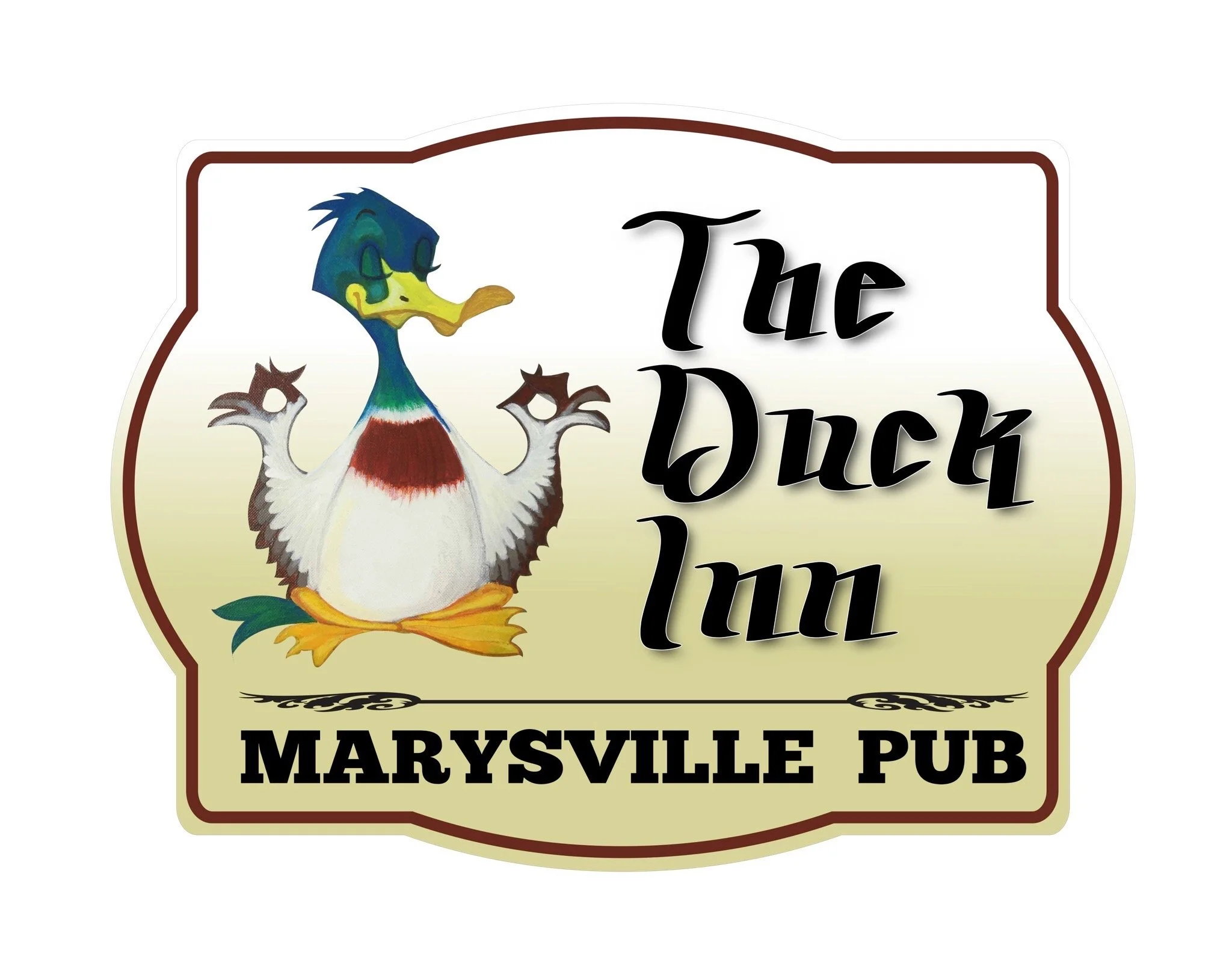 Label with a cartoon duck and the text 'The Duck' and 'Marysville Pub'.