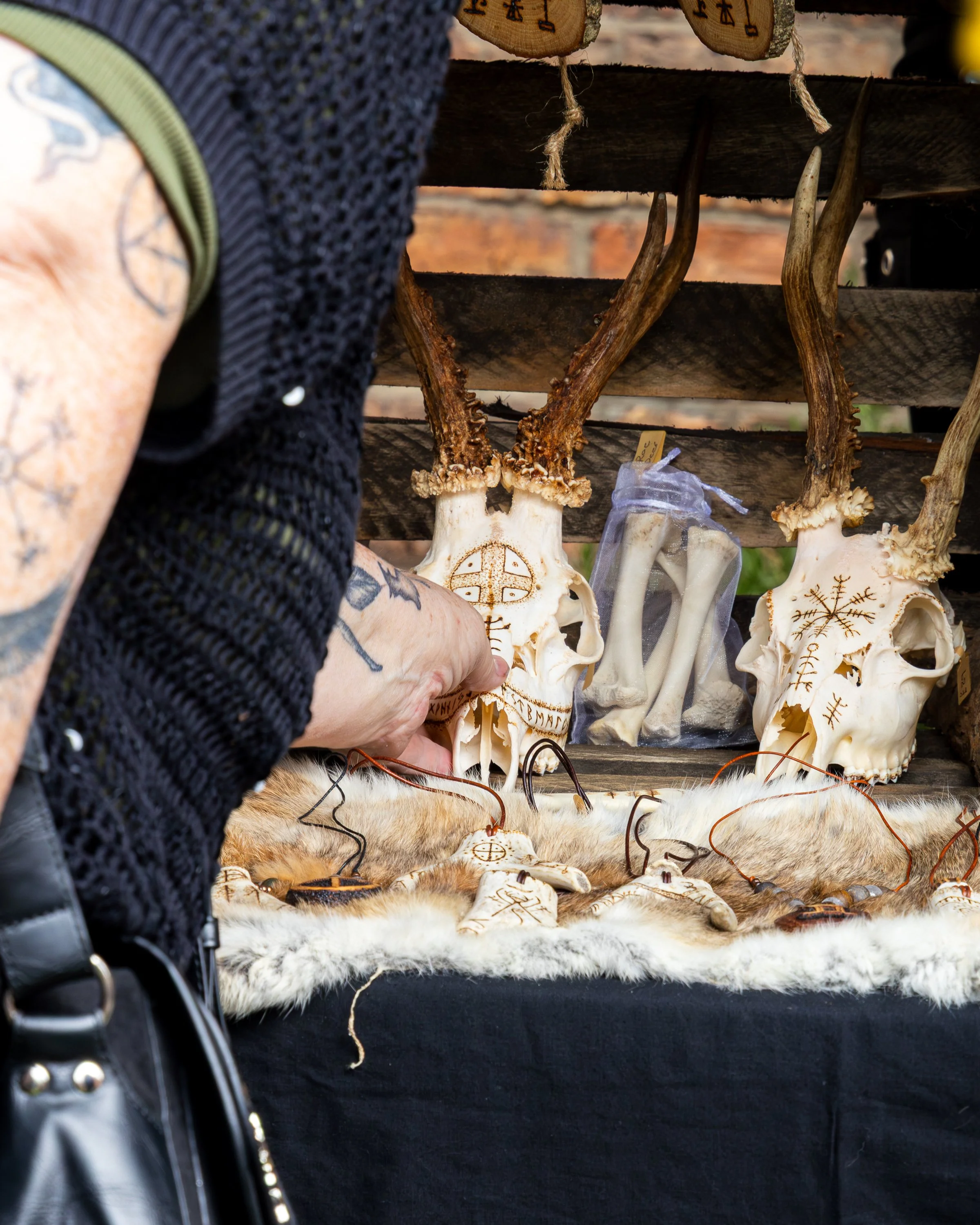 A display of antler skulls with runic inscriptions, possibly for decorative, spiritual, or ritual purposes, on a black surface with some woven textiles and animal fur.