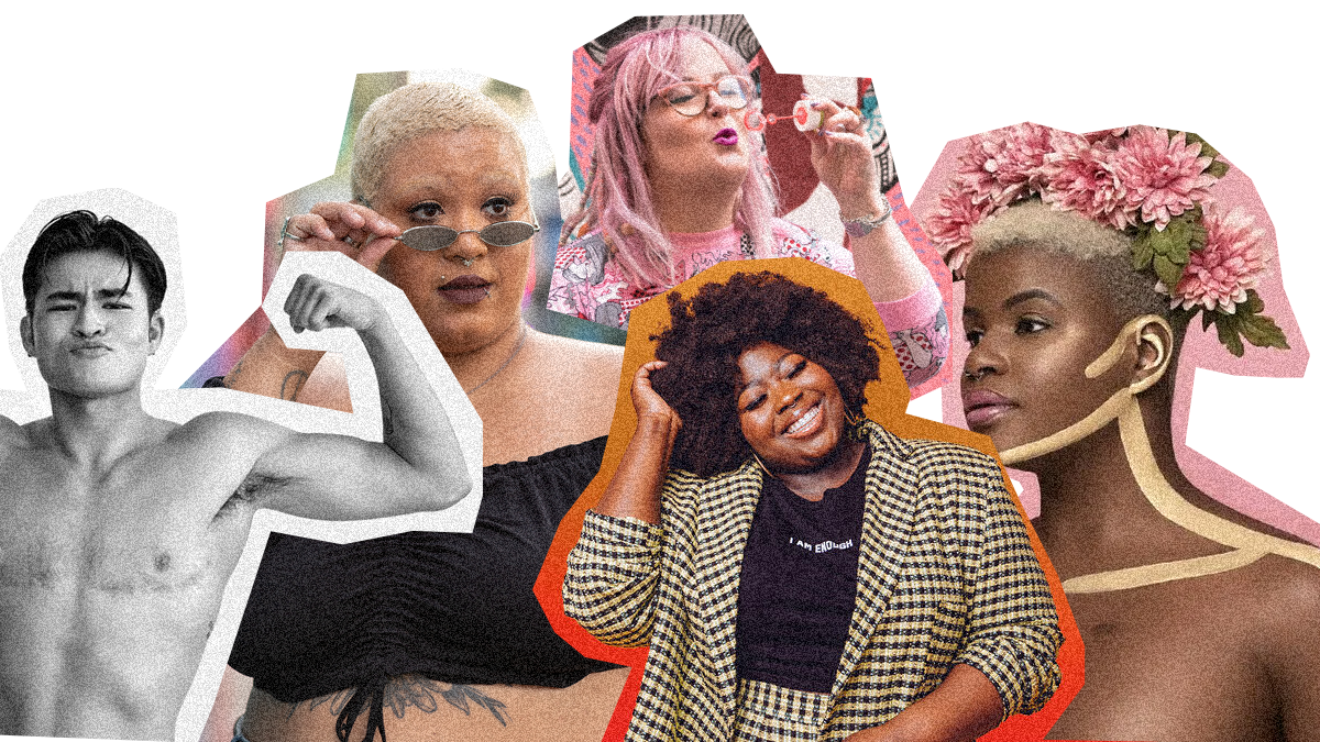 Cut outs of influencers and activists to follow who talk about a range of subjects which come up in sex-ed. (Left )Chella Man, Jazzmyne Robbins, Emily Yates, Stephanie Yeboah, Ericka Hart (right).