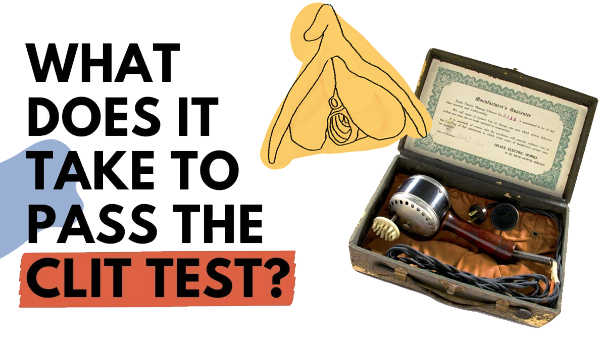 “What does it take to pass the clit test?” Images of a steam powered virbrator and an illustration of a clitoris.