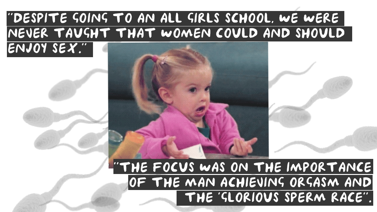 Image of a confused girl meme, with sperm illustrations and the words: “Despite going to an all girls school, we were never taught that women could and should enjoy sex.”