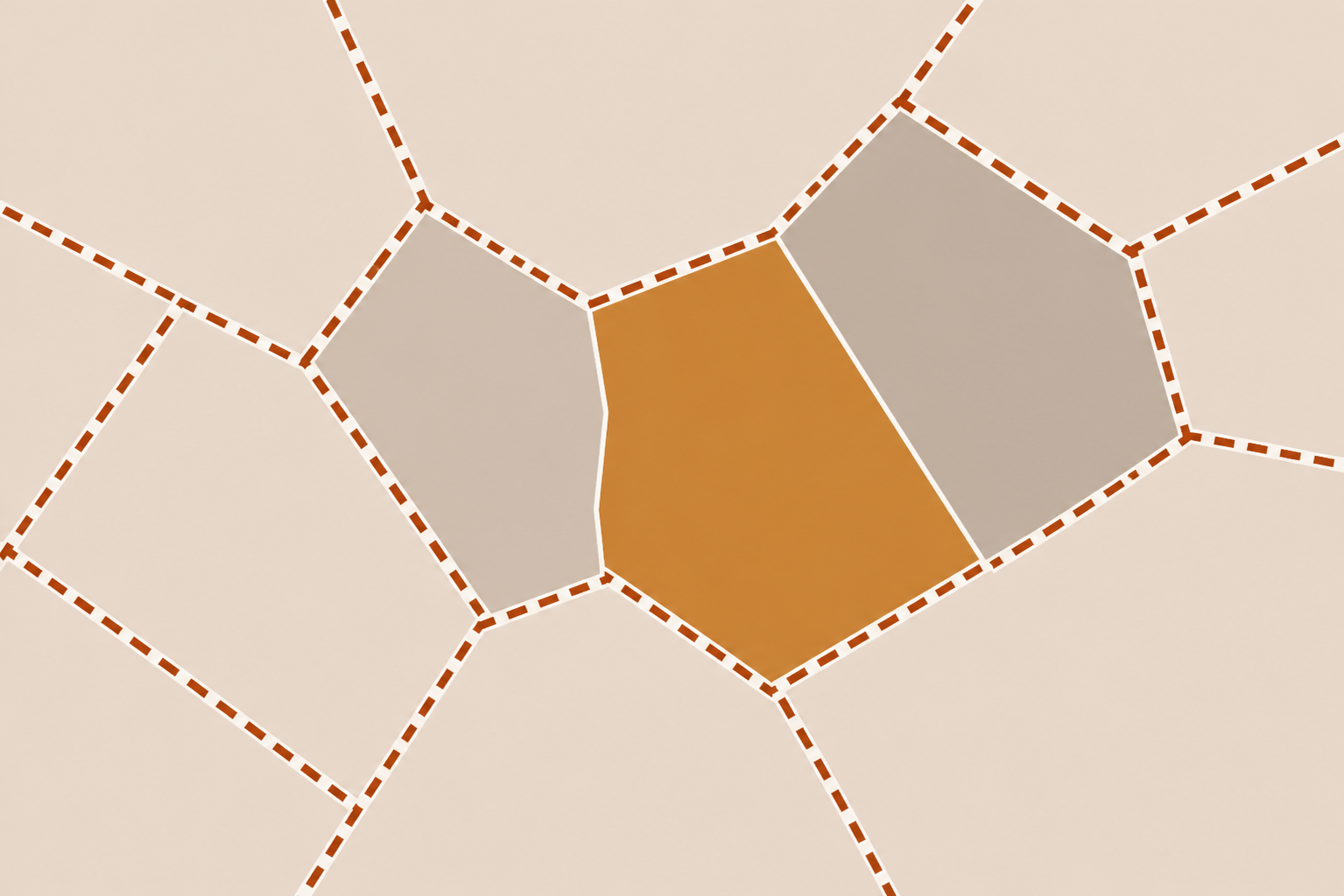 Abstract geometric pattern of beige polygonal tiles with one central orange polygon outlined in white and dashed brown lines