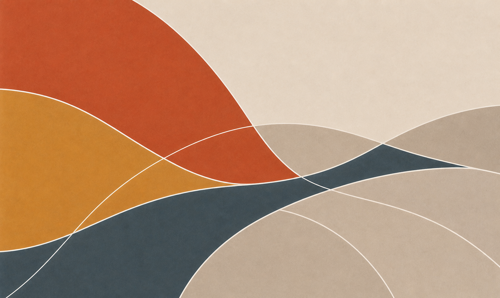 Abstract geometric artwork featuring overlapping curved shapes in rust red, mustard yellow, navy blue, gray, and beige with thin white outlines