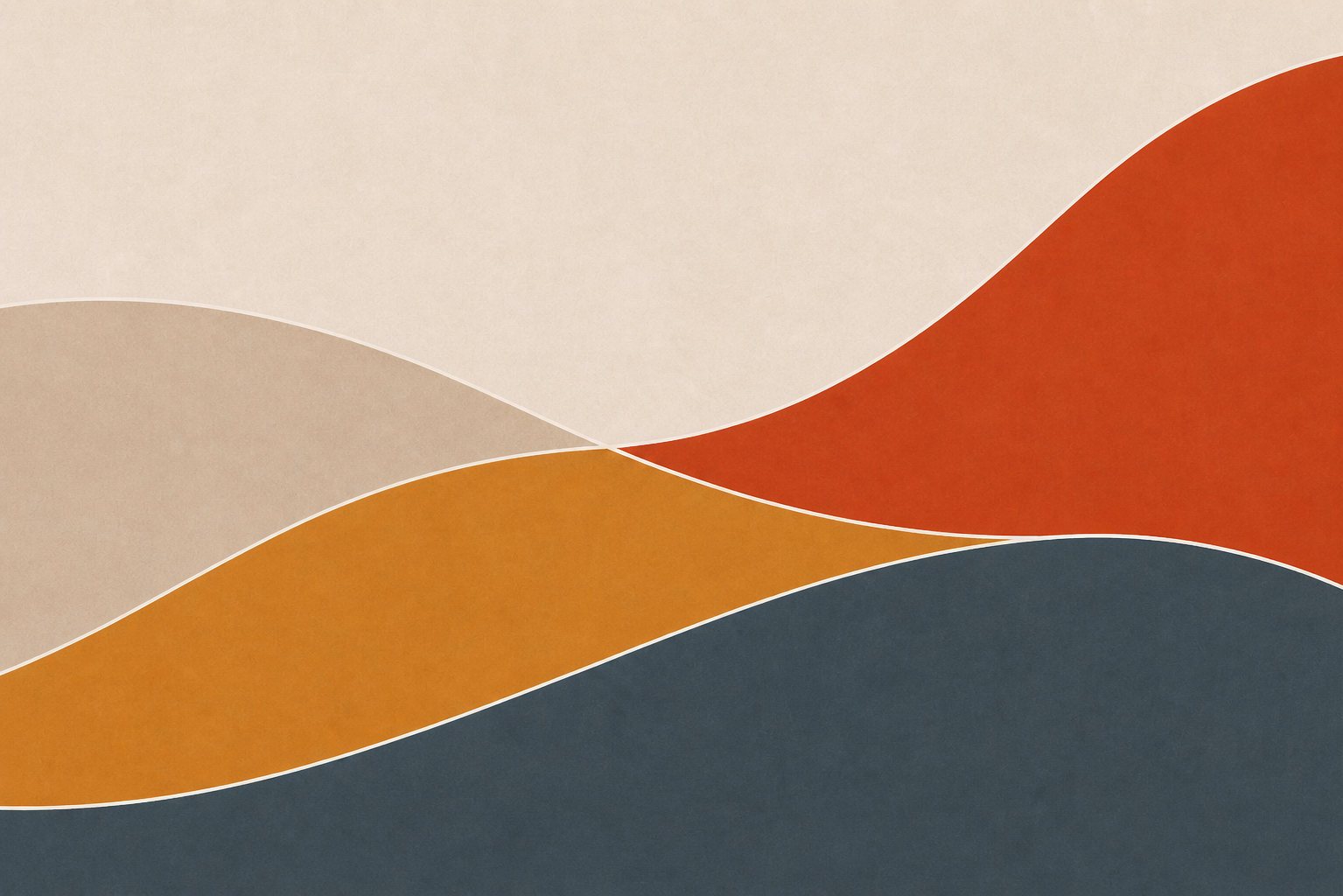 Abstract geometric artwork with overlapping cream, beige, orange, red, and dark blue curved shapes.