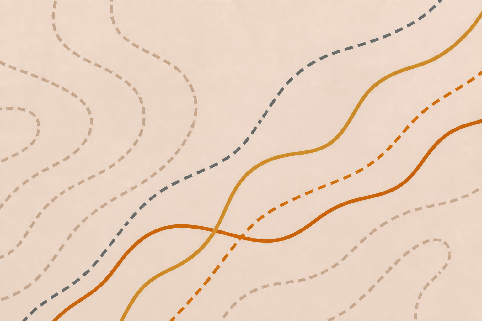 Abstract topographic map pattern with wavy solid and dashed contour lines in orange, gray, and beige