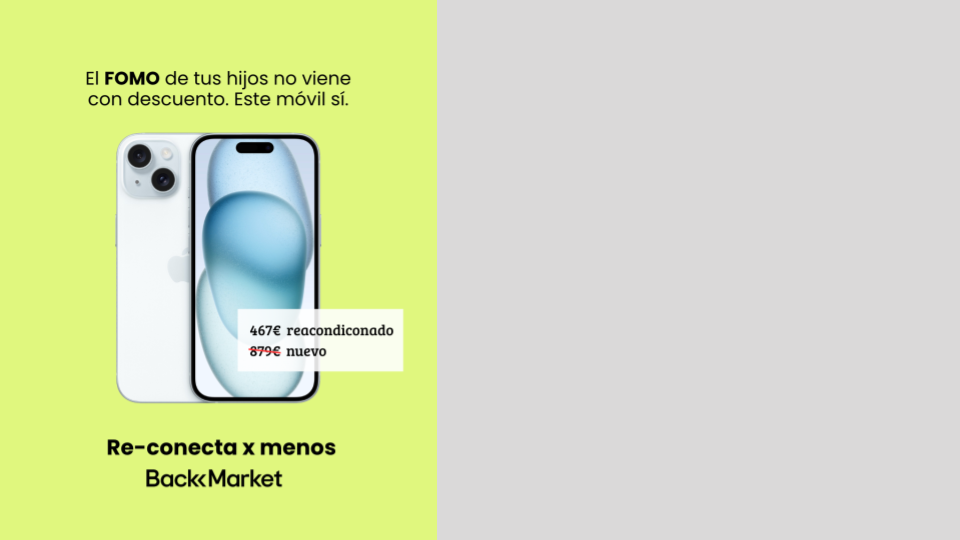 Anuncio de un teléfono móvil con texto en español que dice que no hay descuento por hambre en los hijos, con precio de 467 euros para reacondicionado y 879 euros para nuevo, en fondo verde y gris.