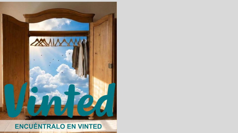 Armario de madera con puertas abiertas, mostrando ropa y perchas, con un cielo nublado y sol brillante en el fondo.