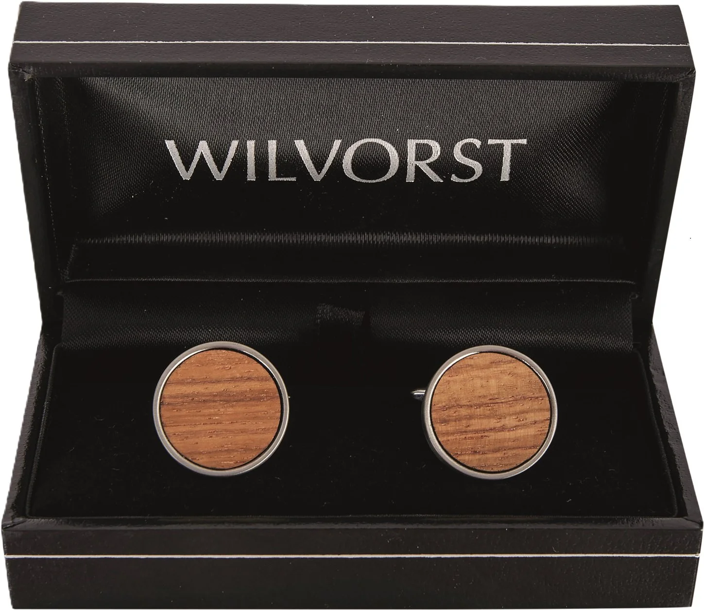 Schwarzes Geschenkschachtel mit der Aufschrift "WILVORST" innen, enthält ein Paar Ziermanschetten mit Holzdesign.