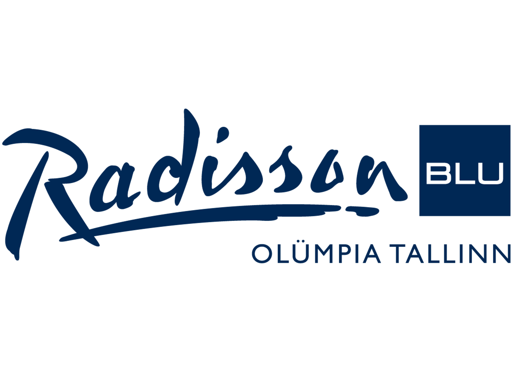 Radisson Blu Olimpia Tallinn logo in navy blue with stylized script font and block text.
